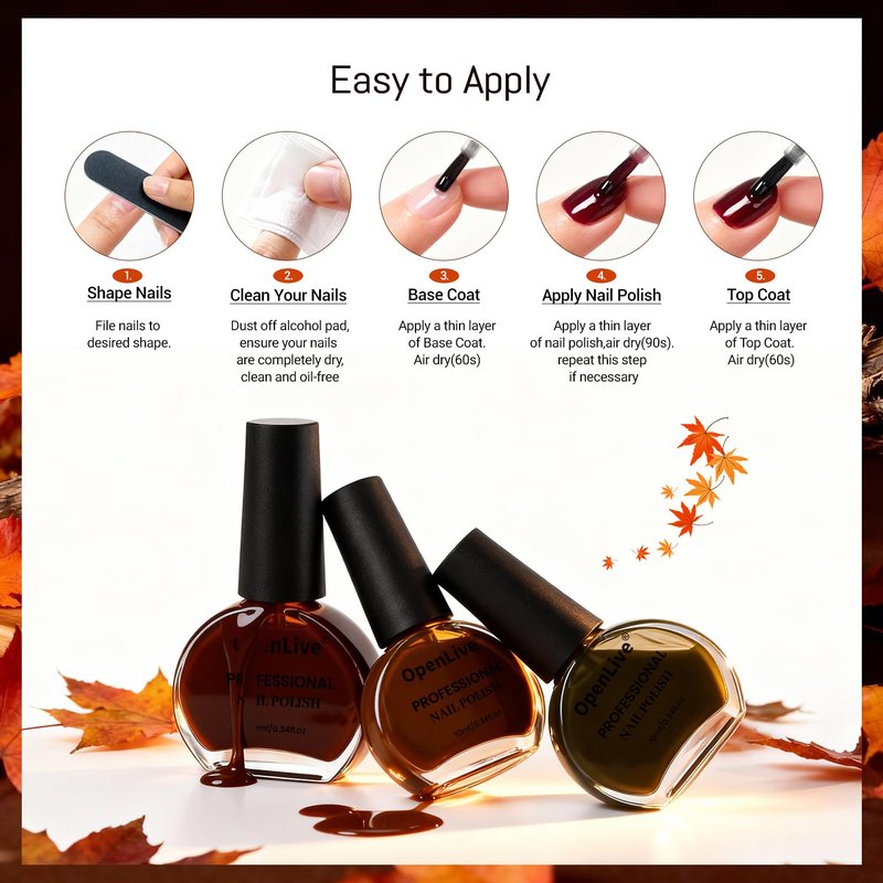 OpenLive 10ml Fall Jelly Nail Polish Set 6 Colors Gold Maple Leaf Pumpkin Yellow Burnt Orange Art Nail Polish Quick Dry for Women Girls Gift