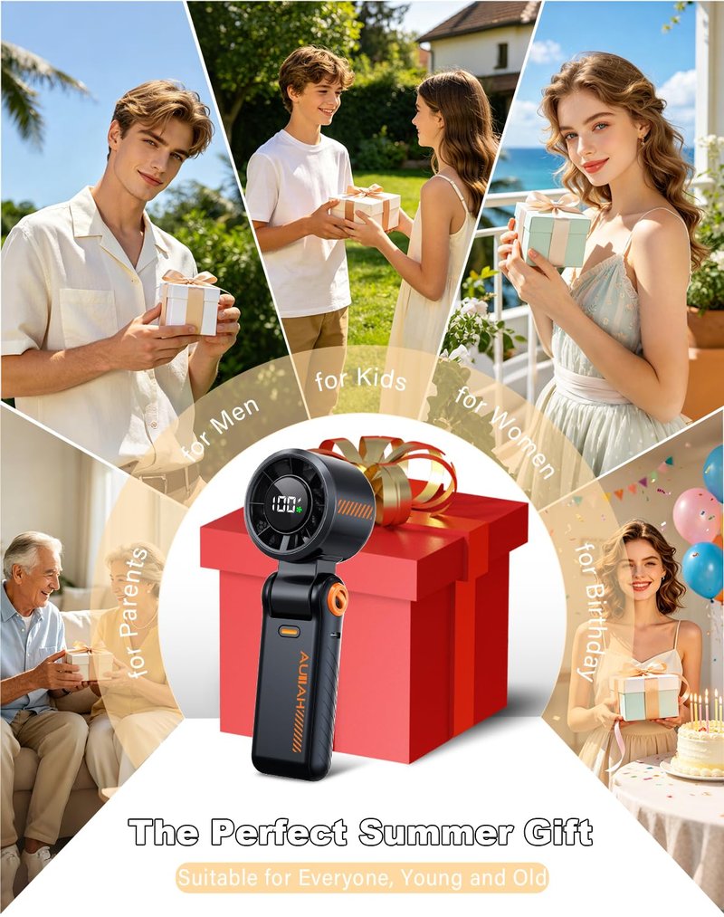 AUIIAH Portable Handheld Turbo Fan - 5 Speed Mini Personal Fan with Strong Airflow, Foldable 3 in 1 Rechargeable Battery Operated Travel Essentials Hand Fans for Indoor/Outdoor Use, Black