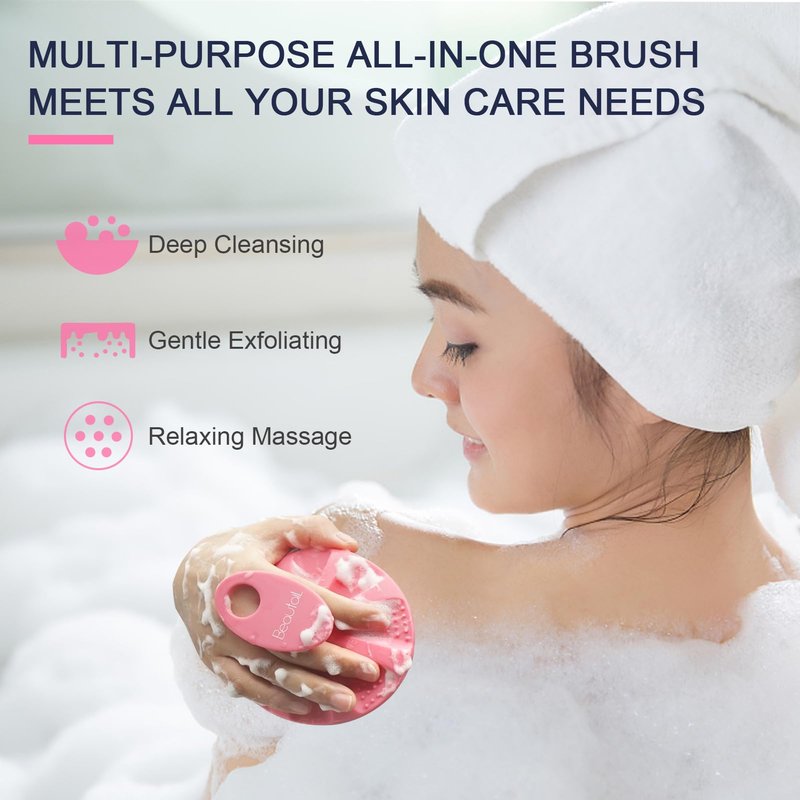 BEAUTAIL Silicone Body Scrubber Shower Bath Wash Brush Gentle Exfoliating Scrub Cleansing Loofah for Women Men Baby Sensitive Skin, Easy to Clean, Lather Nicely, More Hygienic, 1 Pack, Pink