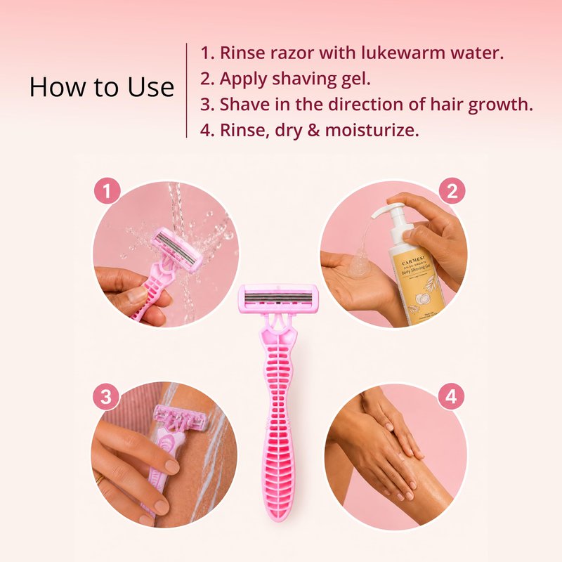 Carmesi Disposable Body Razor for Women – Pack of 5 | Gentle Shave with Aloe Vera Moisture Strip & Rubber Grip | Smooth Hair Removal for Legs, Arms, Underarms & Bikini Line
