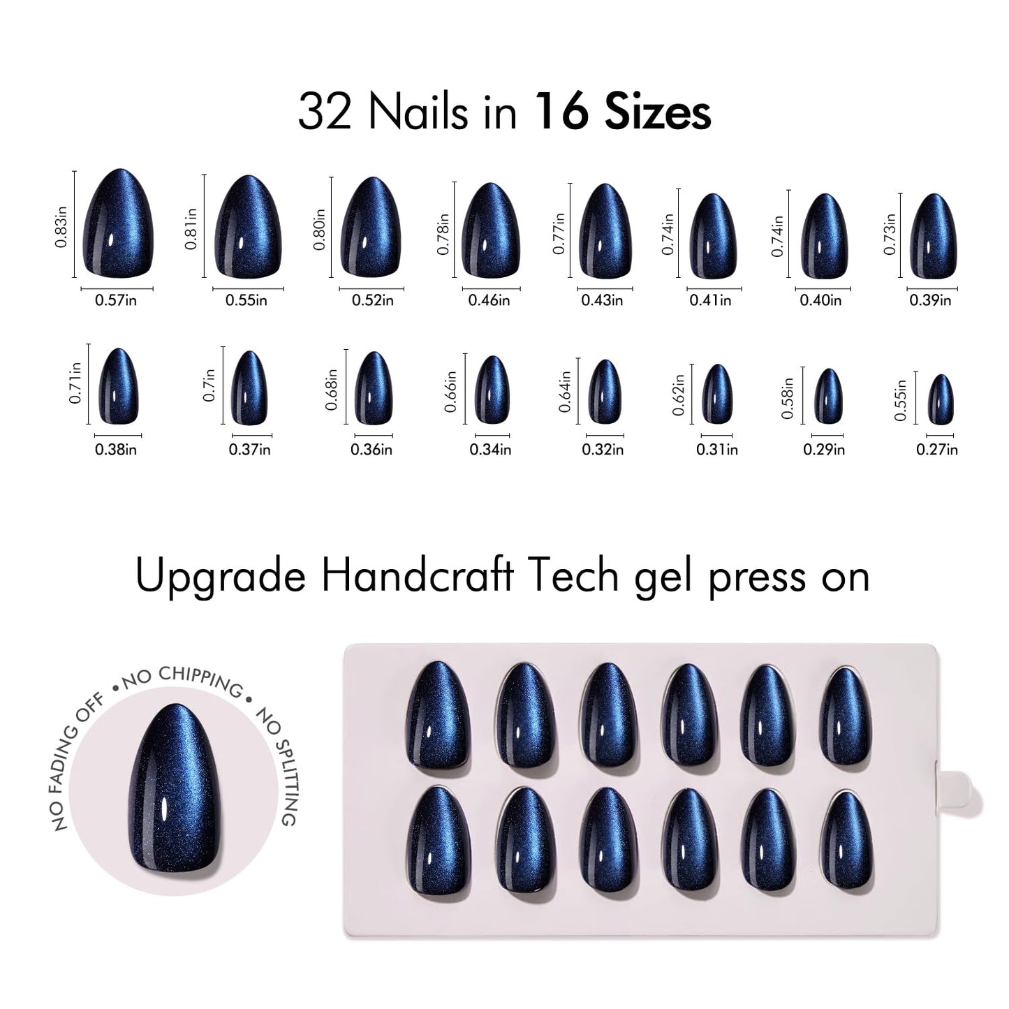 VSALON Press On Nails - Short Almond Blue Cat Eye Chrome Kit | 32 PCS Reusable Gel Nails with Glue & Cuticle Oil