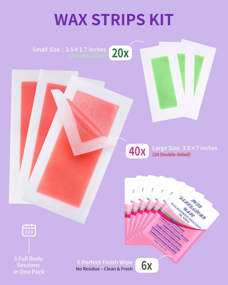 Wax Strips Waxing Kit for Women: Legs Arms Face Underarms Bikini & Facial Hair Removal | 60 Strips + 6 Wipes | Dermatologically Tested | 8-Week Smooth | Hypoallergenic All Skin Types