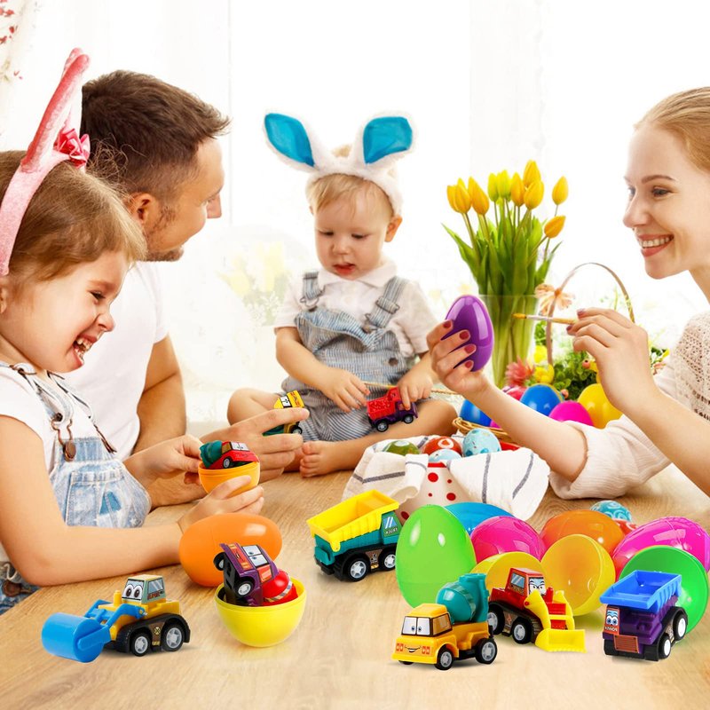 ZenBombs Easter Eggs Plastic Filled with Pull-Back Engineering Toys Gift for Easter Eggs Hunt, Birthday Party for Kids Over 3 Years Old 12-Pack