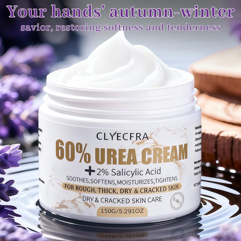 Clyecfra 5-in-1 60% Urea Cream with 2% Salicylic Acid, Urea Cream 60 Percent for Feet & Hands- Maximum Strength Moisturizer for Rough, Dry, Thick & Cracked Skin, Callus Remover, Deep Hydration, 150g