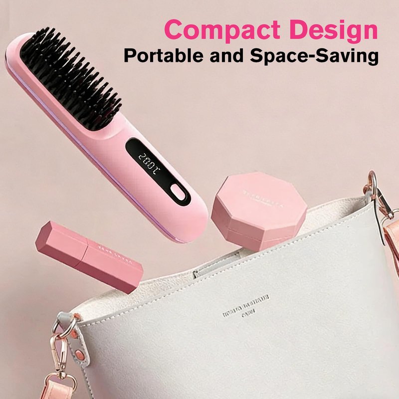 Go Brush Pro Cordless Straightening Comb, Mini Portable Heated Smoothing Comb, Quick-Heating Hot Air Comb, 3 Temperature Settings, USB-C Charging, Travel Hair Styling Tool (Pink)
