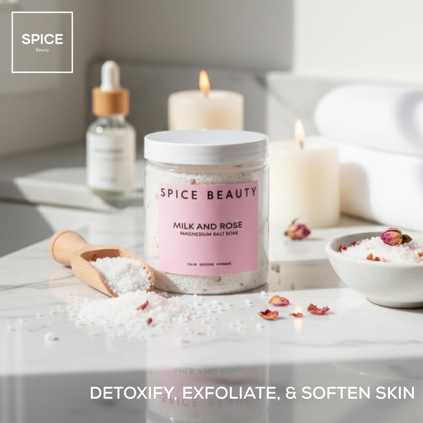 SPICE BEAUTY Goat Milk & Rose Magnesium Salt Soak | Epsom & Magnesium Bath Soak for Muscle Relaxation | Skin Soften & Deeply Nourish, Skin Hydration & Boosts Elasticity | Salt Soak | 9 oz