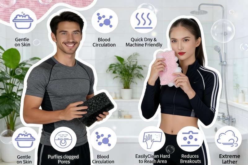 Exfoliating Shower Towel 40",Premium Scrub Wash Cloth for Body Face, Exfoliating Washcloth for Men and Woman(Black+Pink)