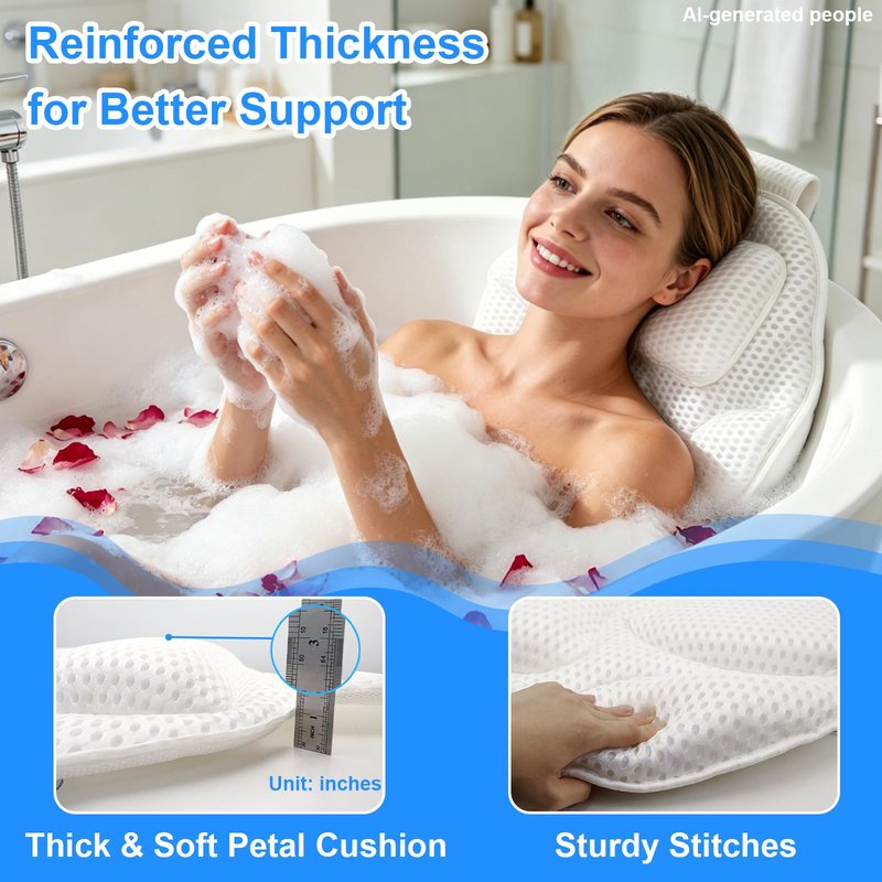 Extra Thick Petal-Shaped Bath Pillow for Head, Neck and Backrest, Extra Thick, Polyester, White, Anti-Slip Suction Cups, Washable, Luxury Spa Bathroom Accessories (Standard Store Size)