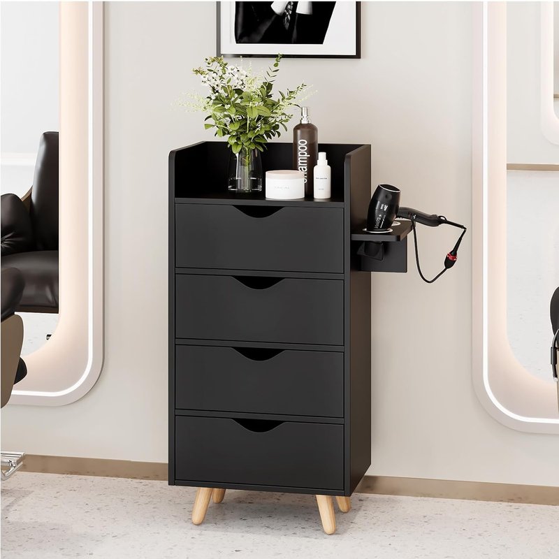 OmySalon 4-Layer Salon Storage Cabinet | Beauty Styling Station Organizer with 2 Hair Dryer Holders & 4 Drawers - Black