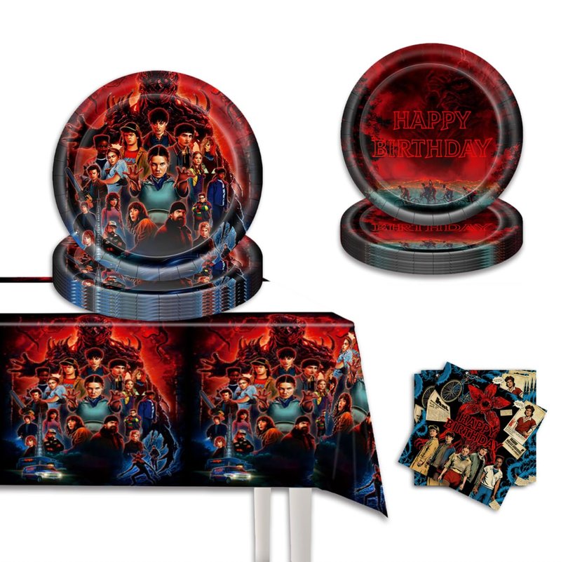 61Pcs Birthday Party Decorations Spooky Theme Tableware Set Include 1pc Waterproof Tablecloth,20 7" Plates,20 9" Plates and 20 pcs Napkins for Birthday Party Serves 20