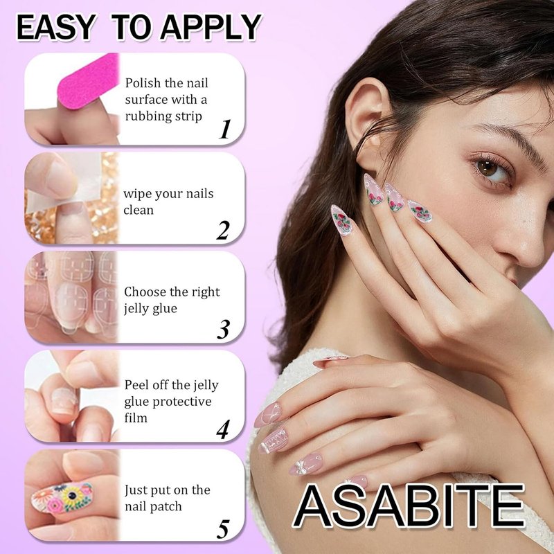 Handmade Flower Press-On Nails | Long Stiletto French Tip Design with Floral Rhinestones - Pink Almond, 24 Pcs