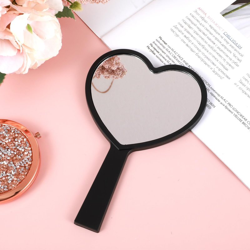 Bremorou Heart Shaped Handheld Mirror with Handle Black Drop-Resistant Small Heart Mirrors Cute Portable Travel Makeup Hand Mirrors Mini Hearts Cosmetic Lash Mirror for Women Girls (Black)