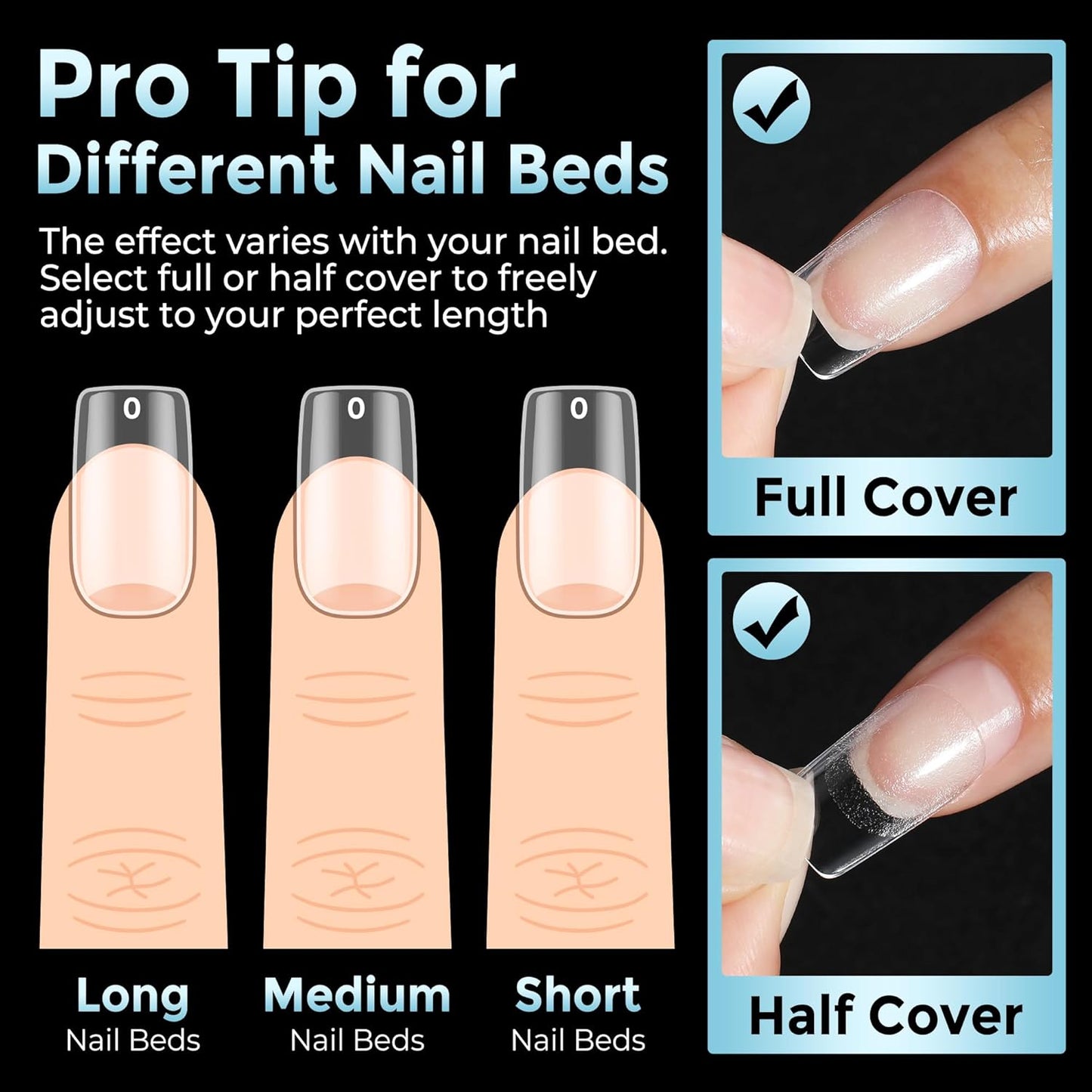 Skiennix Short Square Nail Tips - 360Pcs Full Cover Press-On Acrylic Nails | Half Matte Clear, 12 Sizes