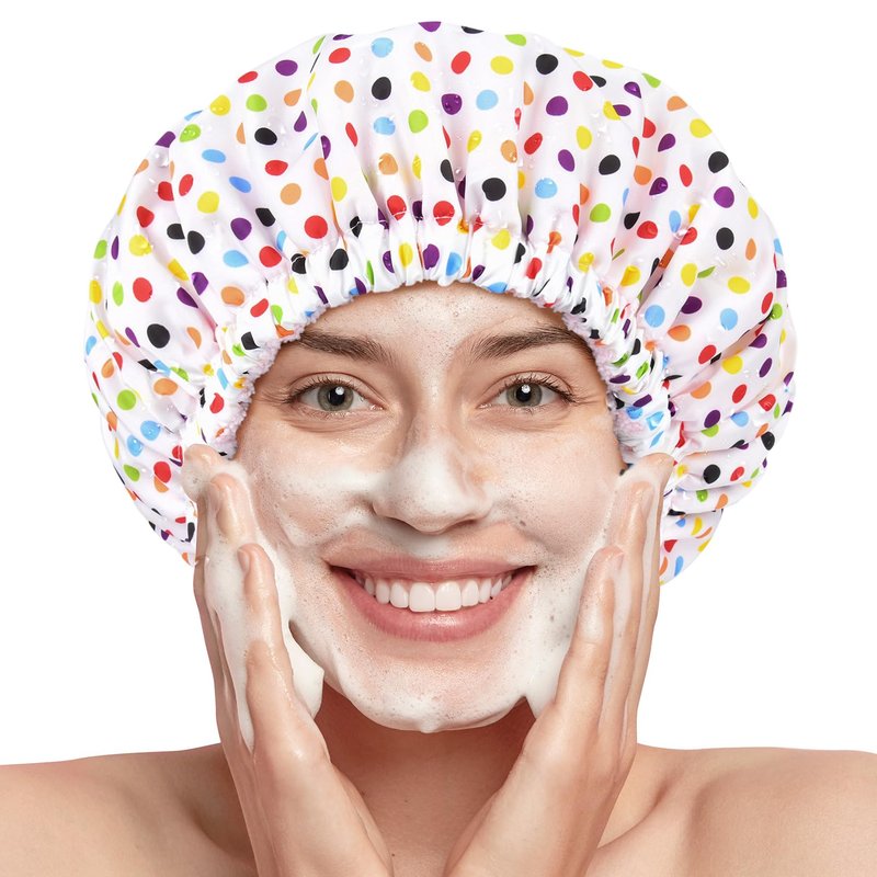 Shower Cap for Women Terry Lined Bath Cap Large Reusable Waterproof Elastic Band Pink Point Shower Caps for Long Thick Hair Soft Bath Shower Hair Caps