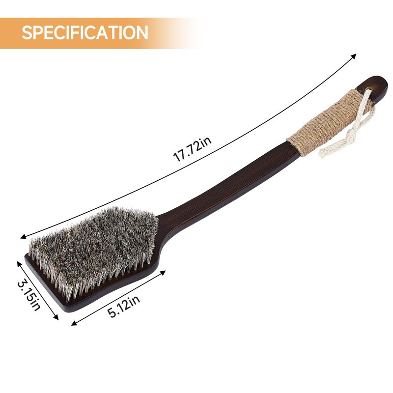 ENAMELEVO Back Scrubber Shower Brush,Dry Brushing Body Brush with 17.7 Inch Curved Long Handle, Natural Bristles for Lymphatic Drainage, Soft & Stiff Bristles Available (Natural Fiber, Soft)