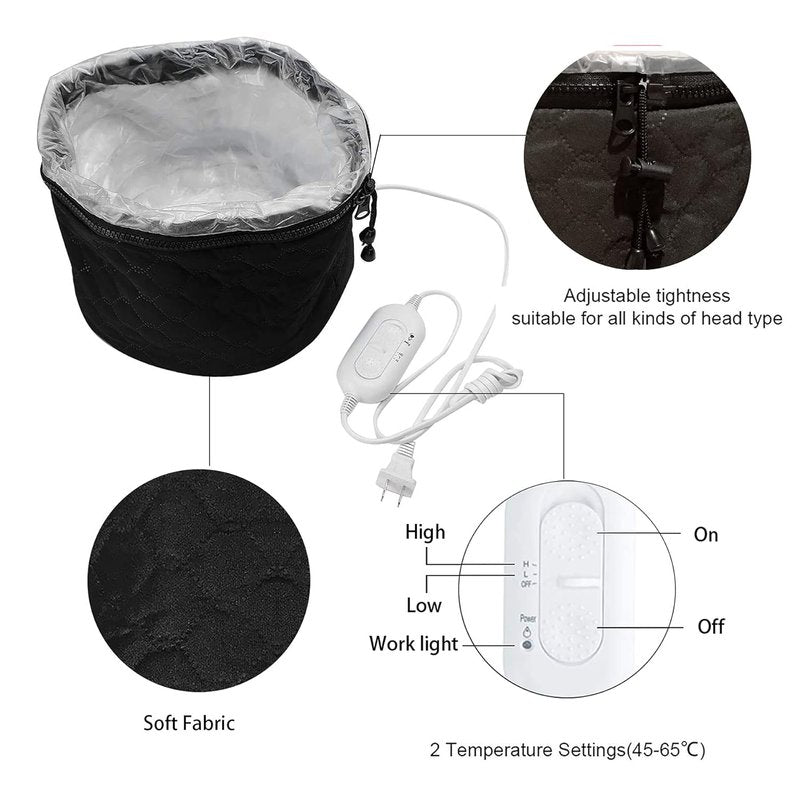Electric Hair Care Cap - Nourishing Thermal Heat Hat for Home Spa | 3 Temperature Modes - Black