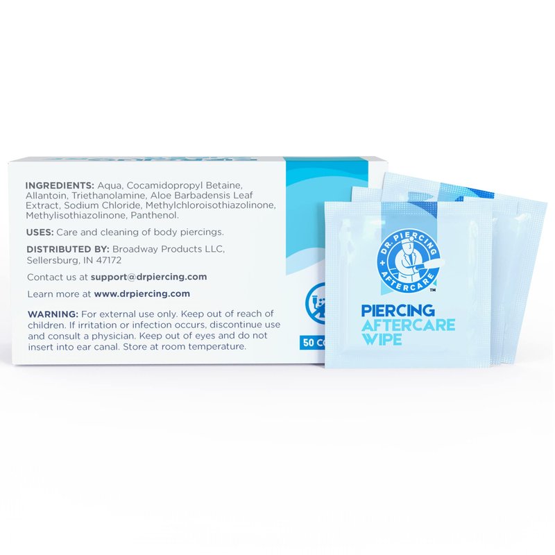 Dr. Piercing Aftercare Wipes – Piercing Aftercare | Saline Solution for Piercings - Keloid Bump Ear Piercing Cleaner – Ears Lips Belly Nose Piercing Bump - Piercing Hole Cleaner (50 Count)