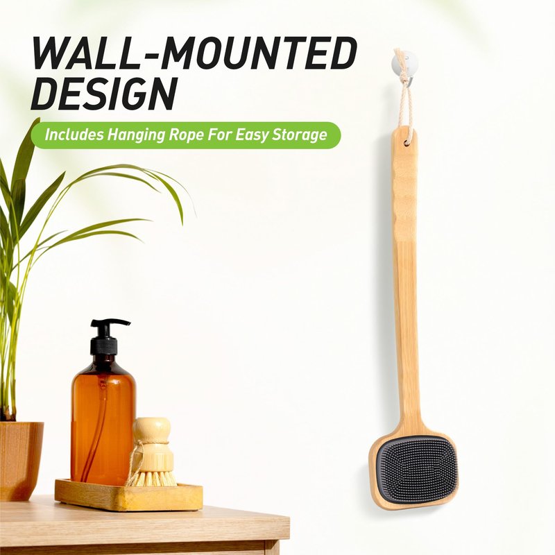 NURENDER 16.92'' Double-Sided Back Scrubber for Shower, Silicone Back Bath Brush Ideal for Sensitive Skin, Exfoliating, with Anti-Slip Bamboo Handle & Hanging Loop, Dry Body Brush for Men, Women