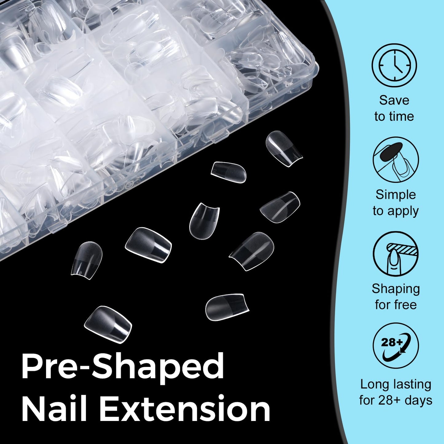 TOMICCA Extra Short Coffin Nail Tips 15 Sizes 240Pcs Acrylic Nails Pre-shape Gel Nail Tips Full Cover Clear Nails For for Beginners and Professionals Nail Extension, Home DIY Salon