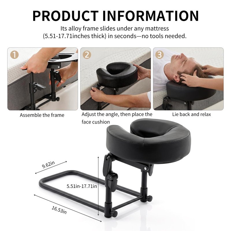 teijbo Massage Headrest for Bed,Adjustable Home Massage Face Cradle, No-Tools Assembly Massage Table Kit, Portable Face Down Pillow After Eye Surgery (Black)
