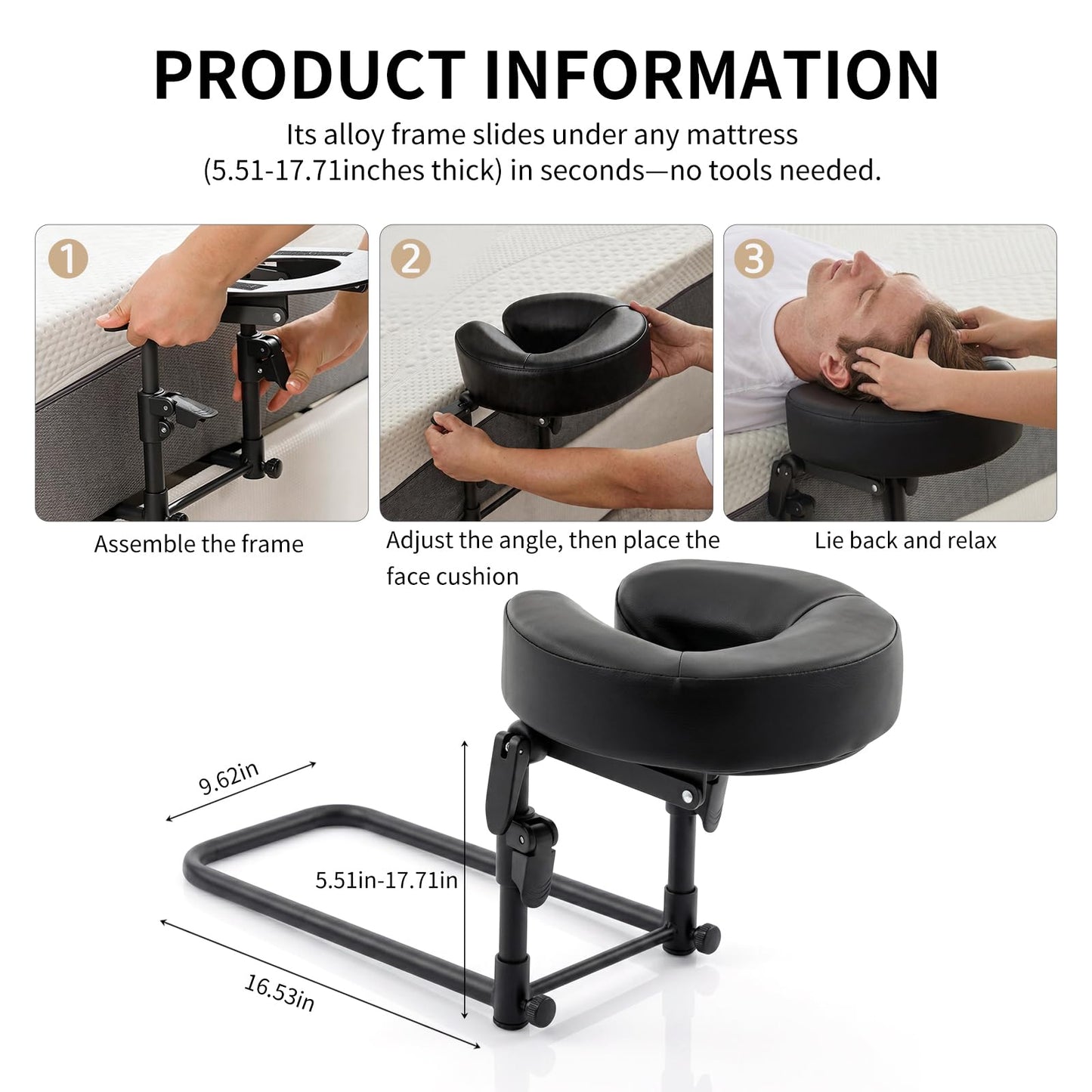 teijbo Massage Headrest for Bed,Adjustable Home Massage Face Cradle, No-Tools Assembly Massage Table Kit, Portable Face Down Pillow After Eye Surgery (Black)