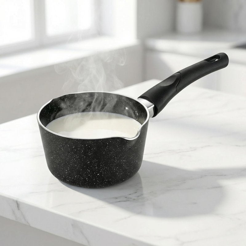 FryNest Heavy Gauge Nonstick Milk Pan 5 Inch with Double Pour Spouts, Small Aluminum Pouring Saucepan for Heating Milk, Butter and Sauces, Bakelite Handle, Compact Stovetop Pot (NOT INDUCTION)
