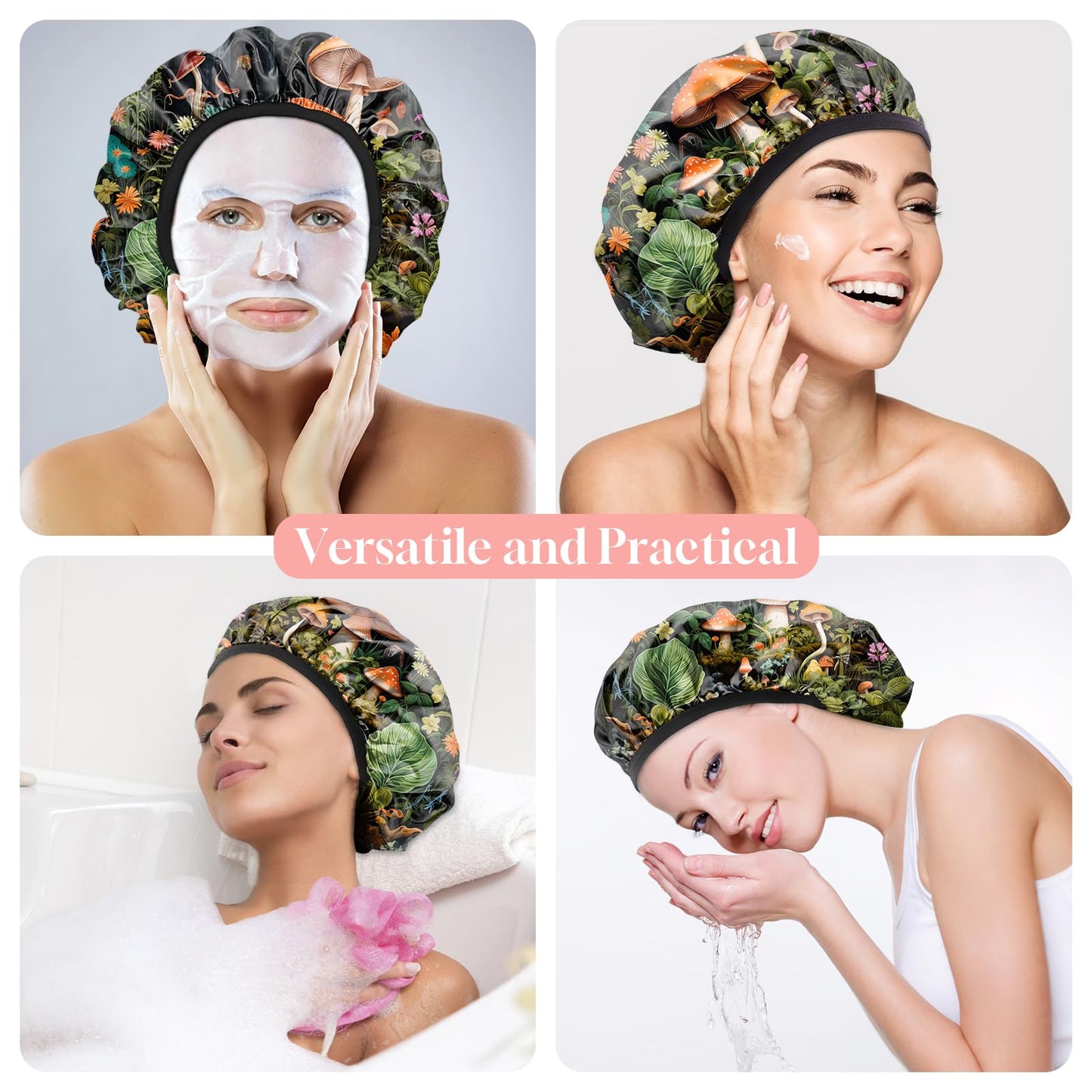 Zewurtuw Luxury Shower Cap Terry Cloth Lined EVA Waterproof Reusable Triple Layer Elastic Hair Bath Caps for Women Girls Cute (C5-Mushroom)