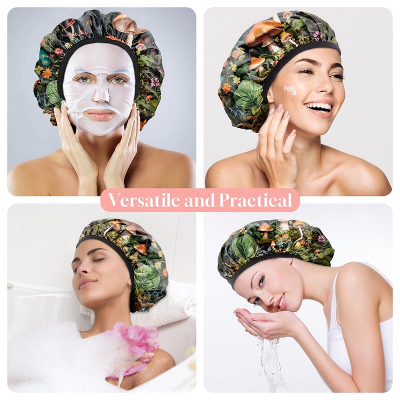 Zewurtuw Luxury Shower Cap Terry Cloth Lined EVA Waterproof Reusable Triple Layer Elastic Hair Bath Caps for Women Girls Cute (C5-Mushroom)