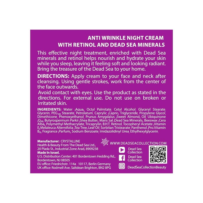 Dead Sea Collection Night Cream for Face with 2% Retinol, Dead Sea Minerals, and Vitamin E – Anti Aging Nourishing Skin Care Moisturizer to Reduce Wrinkles (1.69 fl. oz)