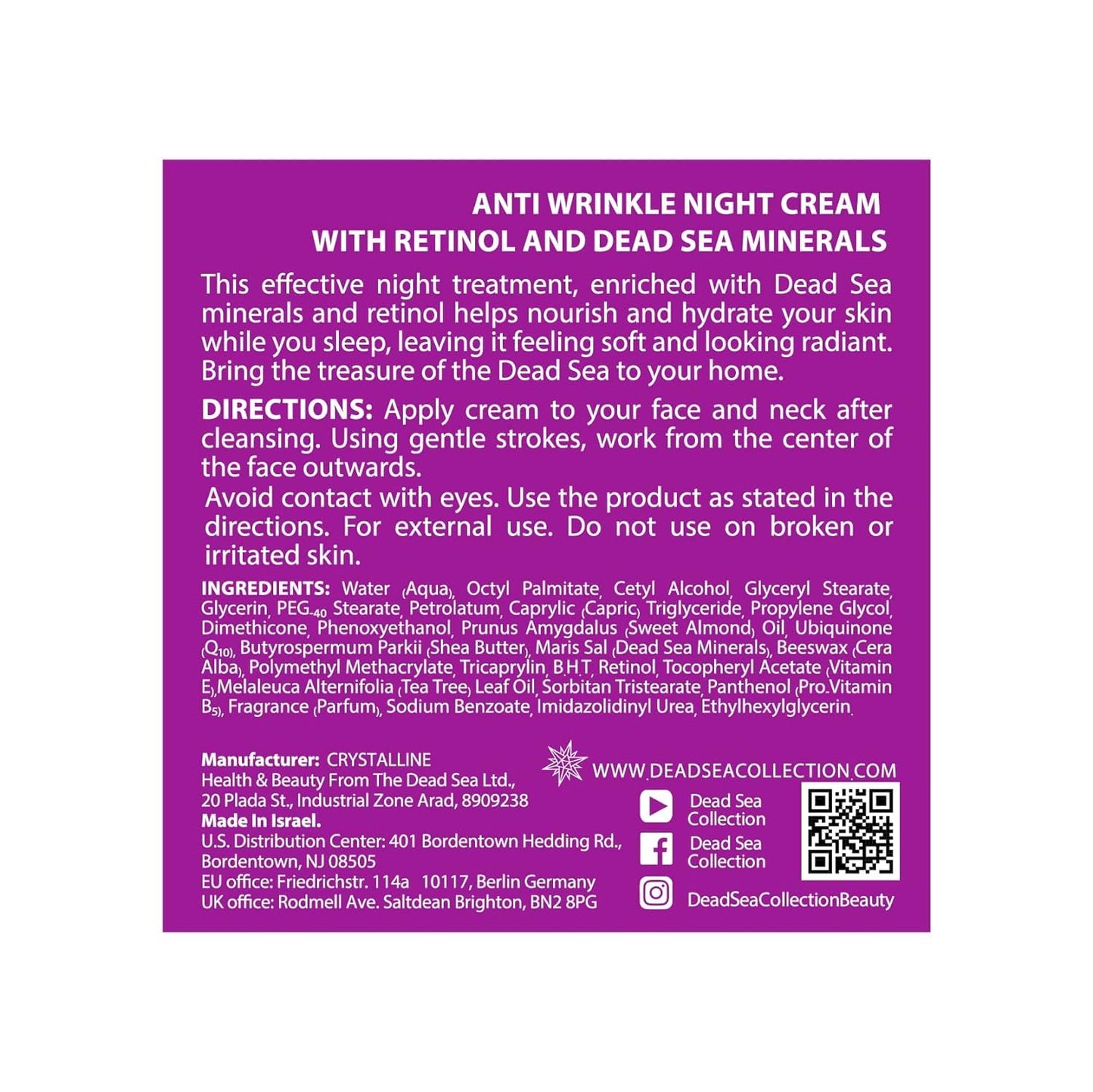 Dead Sea Collection Night Cream for Face with 2% Retinol, Dead Sea Minerals, and Vitamin E – Anti Aging Nourishing Skin Care Moisturizer to Reduce Wrinkles (1.69 fl. oz)