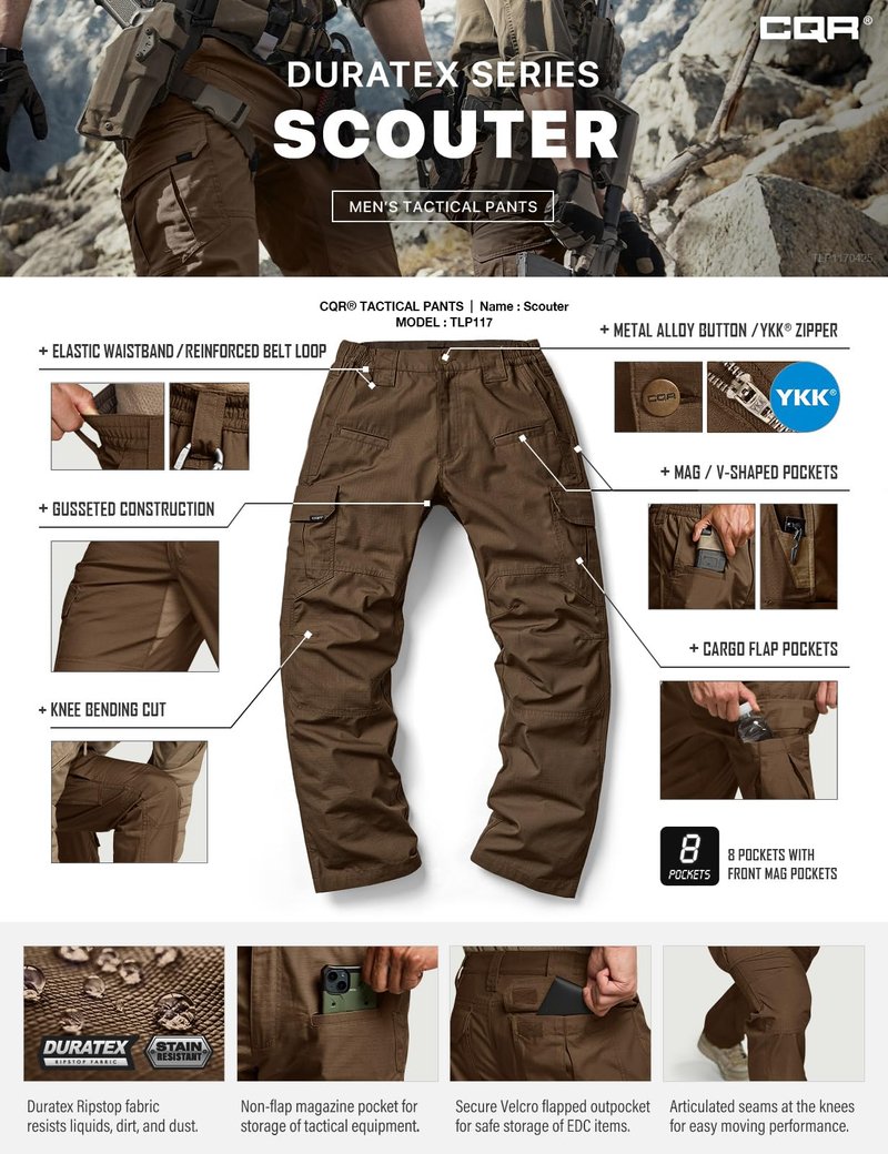 CQR Men's Tactical Pants, Water Resistant Ripstop Cargo Pants, Lightweight EDC Work Hiking Pants, Outdoor Apparel, Raider Tundra, 34W x 30L