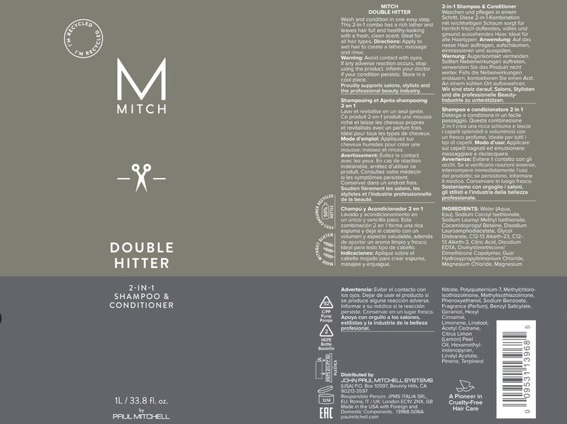 MITCH by Paul Mitchell Double Hitter 2-in-1 Shampoo and Conditioner for Men, For All Hair Types, 33.8 fl. oz.
