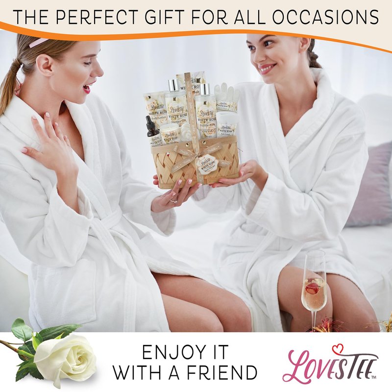 Christmas Gifts Bath & Body Spa Gift Basket for Women, Best Gift for Mother's Day & Birthday, White Rose Set Body Lotion, Shower Gel, Bubble Bath, Bath Salt, Towel, Soap, Oil, Candle, Gloves,