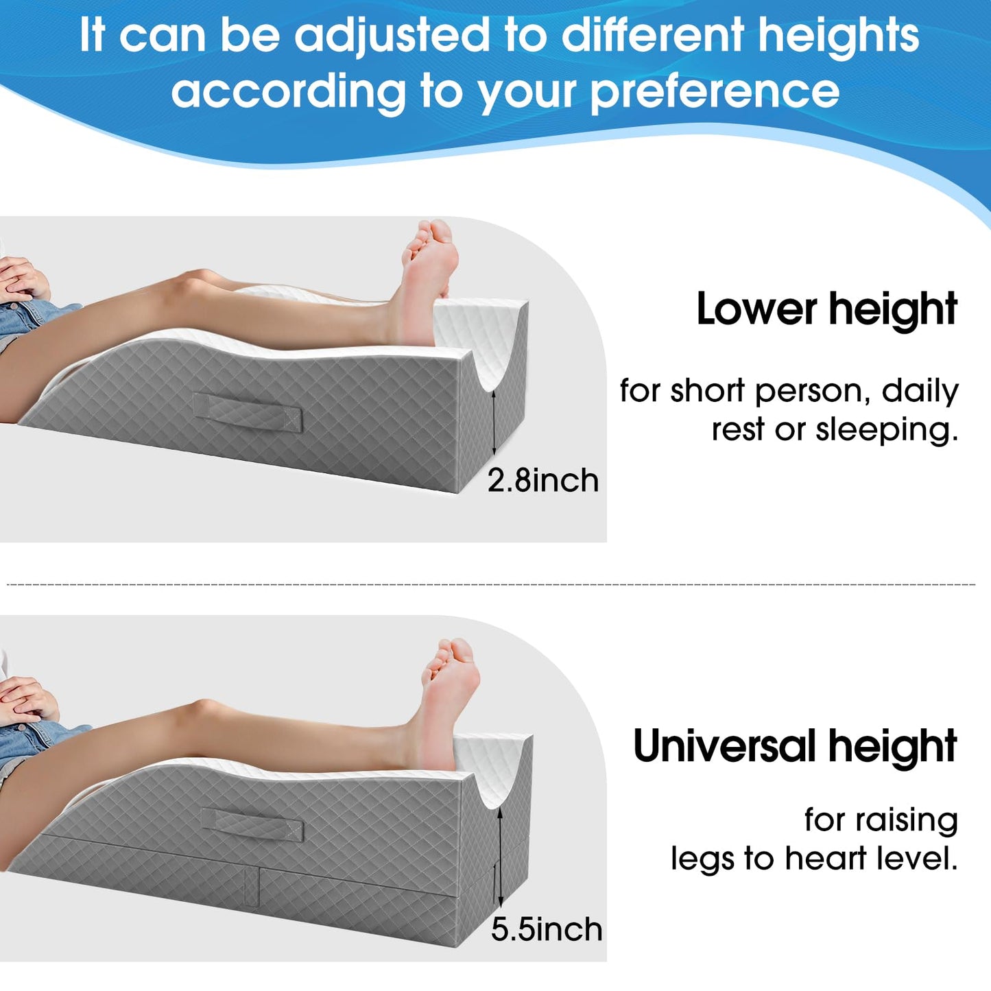 TranquilRelax Elevation Pillows for Leg After Surgery, Memory Foam Adjustable Wedge Pillow for Injury or Rest, Ankle Pillow for Sleeping Blood Circulation, Grey/Single Leg
