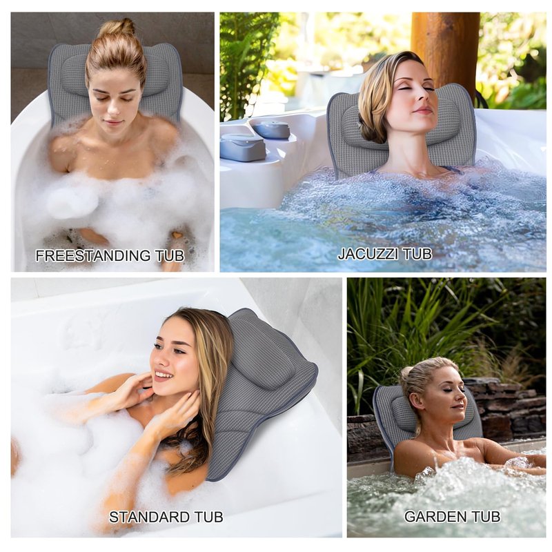 Extra Long Thick Full Body Bath Pillow for Tub with Lumbar Pillow- Luxury 4D Air Mesh Bathtub Pillow with Head, Shoulder & Back Support, Non-Slip Bath Cushion with Suction Cups (Gray)