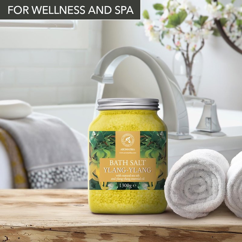 Ylang Ylang Bath Salts 46 Oz (1300g) - 100% Natural Essential Ylang Oil - Best for Good Sleep - Bath Salts for Relaxation - Bathing - Wellness - Beauty - Relaxation - Aromatherapy - Spa