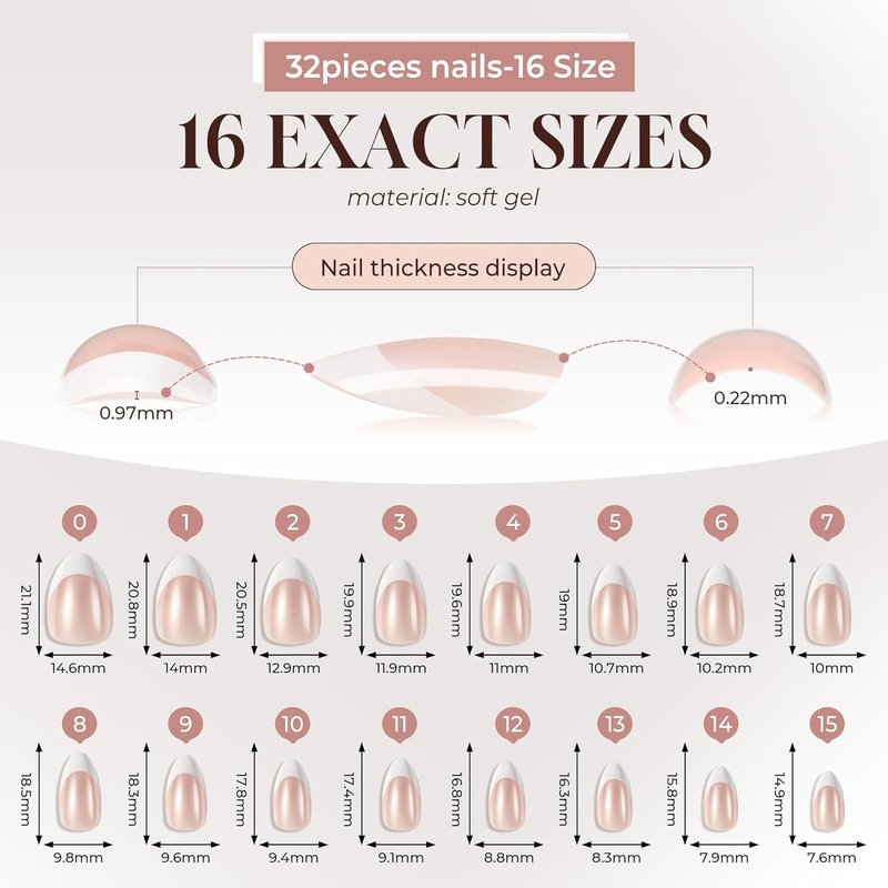 **Press On Nails - Almond French Tip Soft Gel Kit | 32 Reusable Chrome Fake Nails, 16 Sizes**