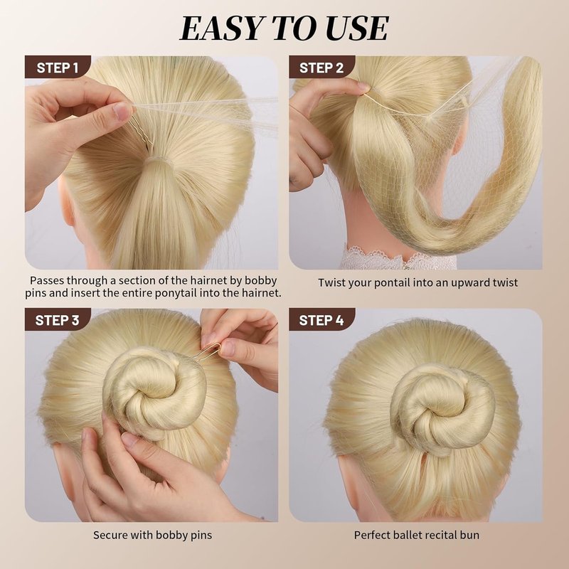 Hair Bun Maker Kit - 4 Medium Size Donut Bun Tools with 10 Invisible Hair Nets & 10 Bobby Pins | Beige
