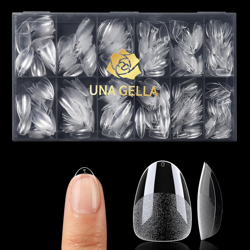 Extra Short Almond Gel Nail Tips - 216 Pcs Full Cover Press-On Nails | Half Matte Clear for DIY Salon at Home, 12 Sizes