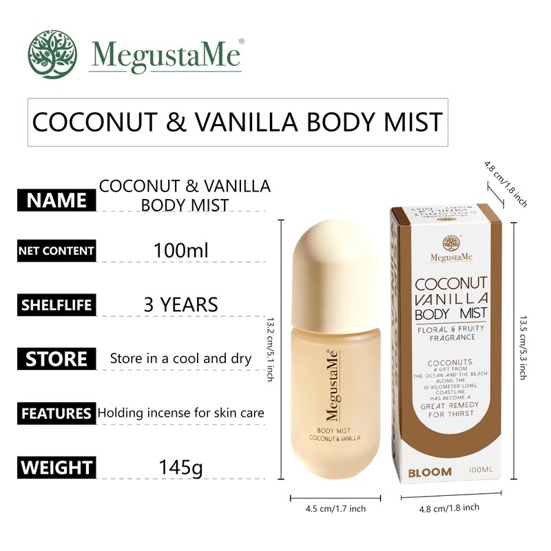 MegustaMe Coconut Vanilla Body Spray | Paraben-Free & Phthalate-Free | Long-Lasting Fresh Fragrance | coconut body spray | vanilla coconut perfumes for women, 3.38 fl oz (100ml)