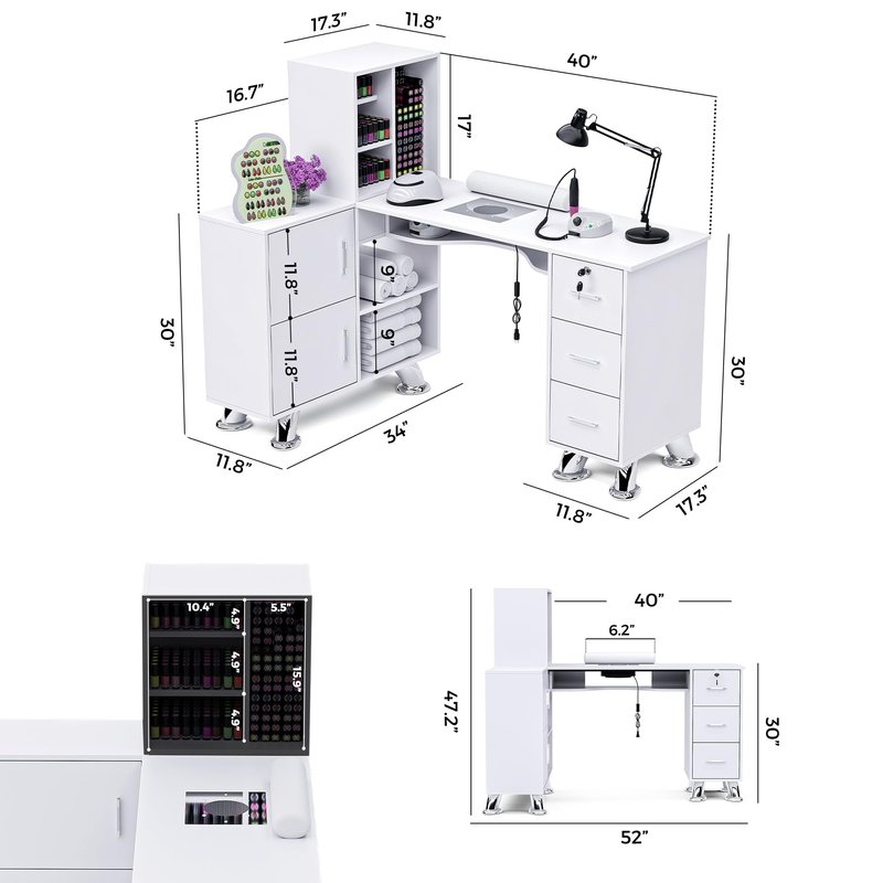 Manicure Table Nail Station w/Dust Collector - L-Shaped Nail Tech Table with Shelves, Storage Cabinets, Drawers, Metal Handles & Legs, Salon Wrist Rest, Beauty Salon Workstation Decor (White)