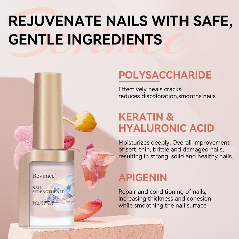 Bevimee Nail Strengthener Natural Nails Hardener Extra Strong and Growth Nude Nail Repair Strengthening Polish Ridge Filler for Weak and Damaged Nails 12ML