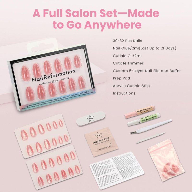 Nail Reformation Press On Nails, Pink Quartz | Cat Eye Velvet Short Almond Fake Nails, Salon Quality, Reusable Natural Stick On Nails Kit - 32 Pcs in 16 Sizes with Glue, Manicure Gifts for Women
