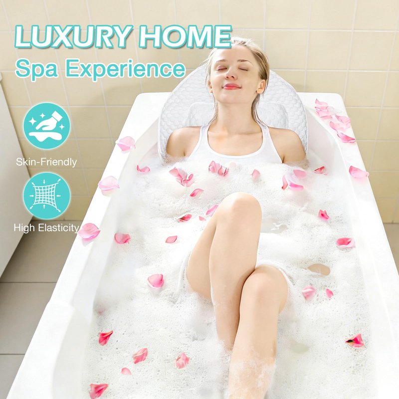 Full Body Bath Pillow for Bathtub, Thick Soft Tub Cushion with Non-Slip Suction Cups Dual Hooks, Luxury Spa Pillow for Neck Back and Hip Support, 55" x 18"