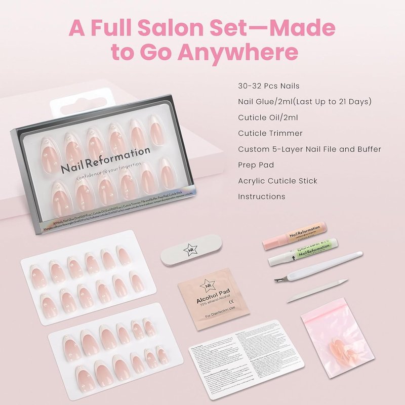 Nail Reformation Press On Nails - Sugar-Coated Pink Medium Almond French Tips with 3D Pearls | Reusable 30-Piece False Nail Kit for Women