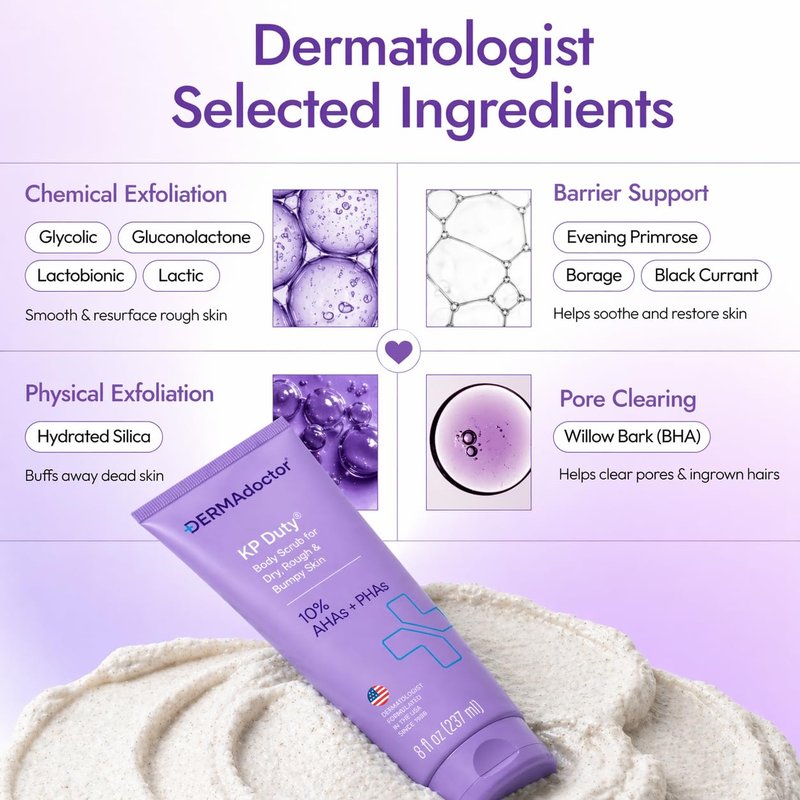 DERMAdoctor KP Bump Eraser Body Scrub with 10% AHAs + PHAs for Keratosis Pilaris, Dry, Rough, and Bumpy Skin, Dermatologist Formulated Exfoliating Body Scrub with Glycolic and Lactic acids - 8 Fl oz