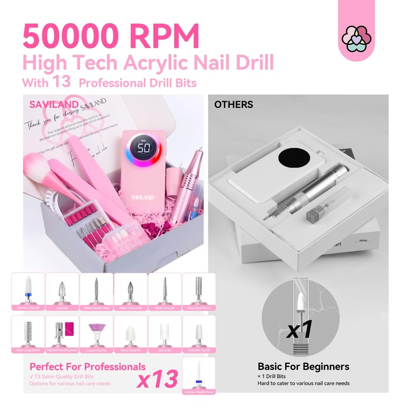 SAVILAND Electric Nail Drill 50000 RPM: Cordless Electric Nail File 10 H Battery Life Rechargeable Nail Drill Kit with Ceramic Drill Bits for Acrylic Nail Removal Ambient Light Black and Pink Ombre