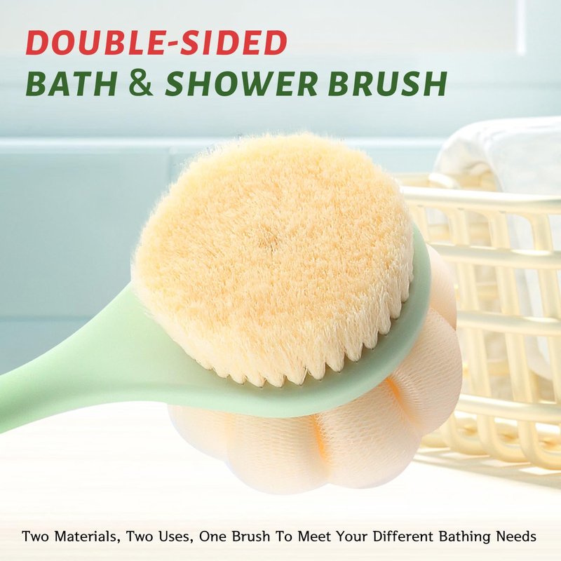 4 Pack Double-Sided Back Bath Brush,16" Curved Long Handle Back Scrubber for Shower with Soft Bristles and Loofah,Body & Back-Cleaning Helper Scrubber Wet or Dry for Men and Women (Pink)
