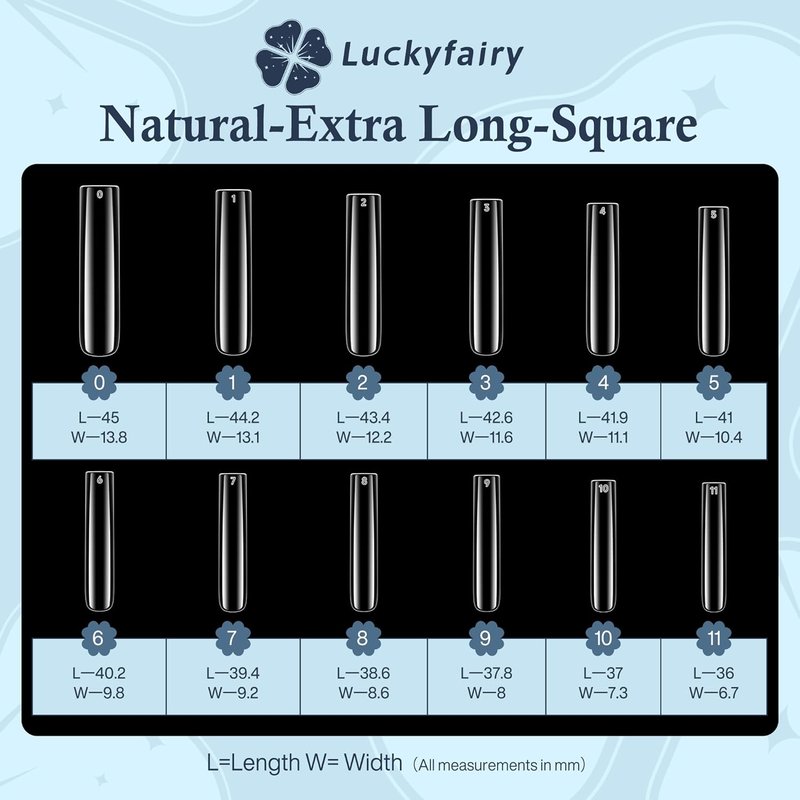 Luckyfairy XXL Extra Long Square Nail Tips - 120 Pcs in 12 Sizes | Clear Acrylic Press-On Nails for DIY Nail Art