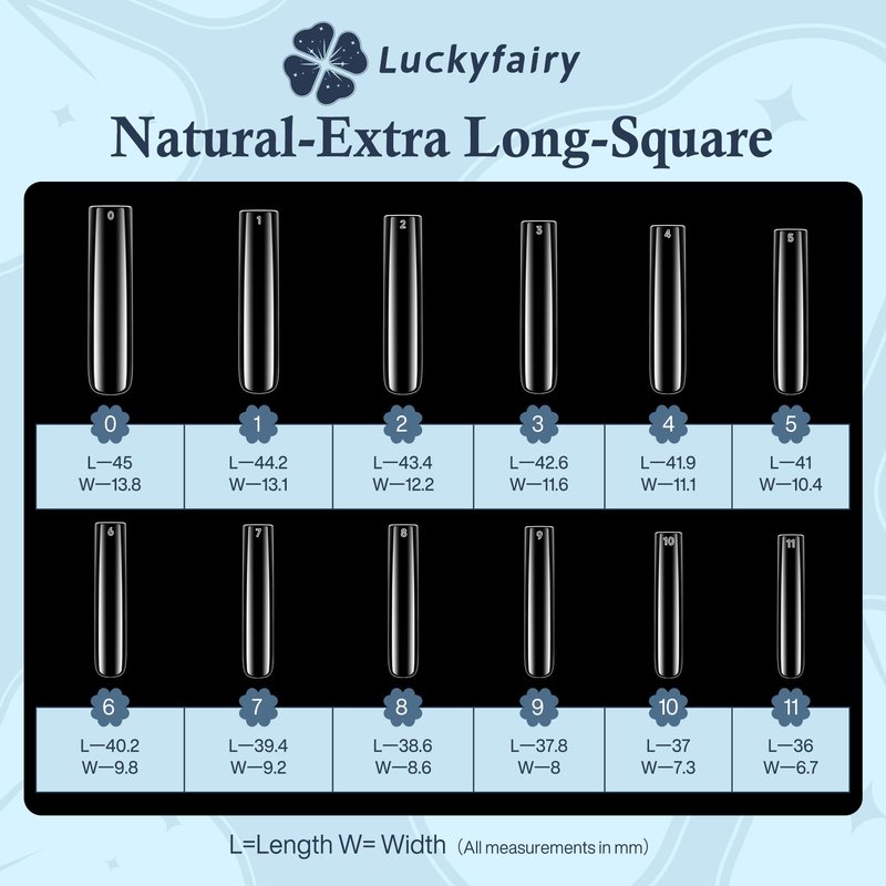 Luckyfairy XXL Nail Tips Square 504 Pcs 12 Sizes - No C Curve Flat Square Nail Tips Clear 2XL Full Cover Tapered Gel Acrylic Fake Nails Gelly Tips for Nail Extension Nail Art